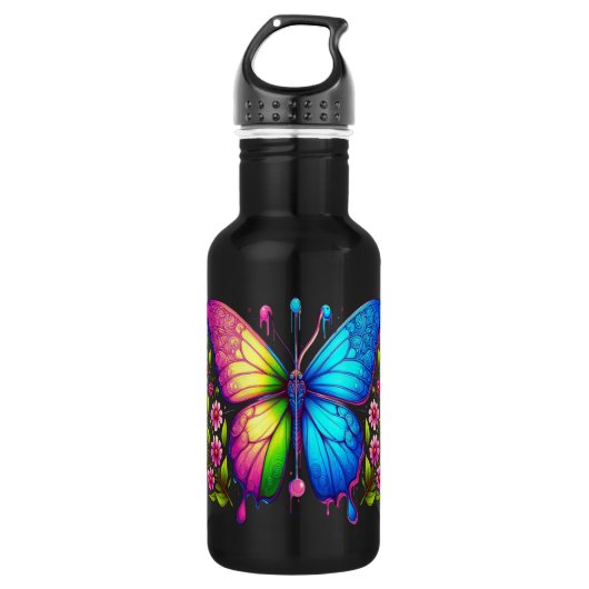 Symmetrische Schönheit: Rosa und Blauer Schmetterl Edelstahlflasche (Vorderseite)