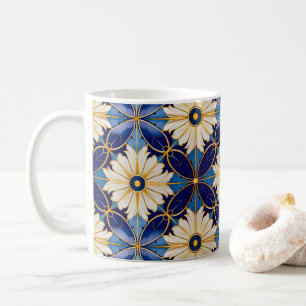 Symmetrisches Art Deco Blue Gold Floral Tile Motiv Kaffeetasse