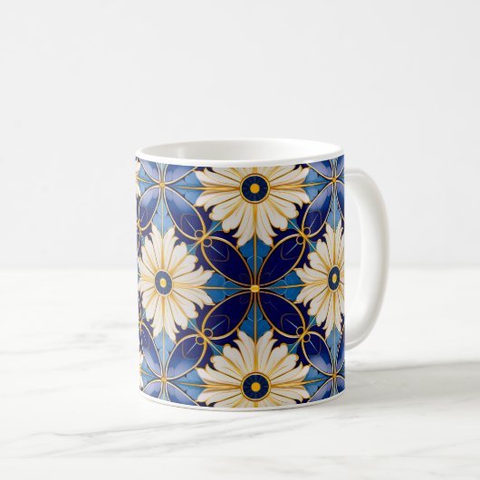 Symmetrisches Art Deco Blue Gold Floral Tile Motiv Kaffeetasse (VorderseiteRechts)