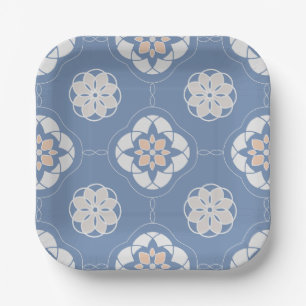 Symmetrisches Orange-Blume-Muster auf blau Pappteller