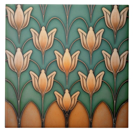 Symmetrisches Orange Tulips Wanddekor Art Deco Fliese (Vorderseite)