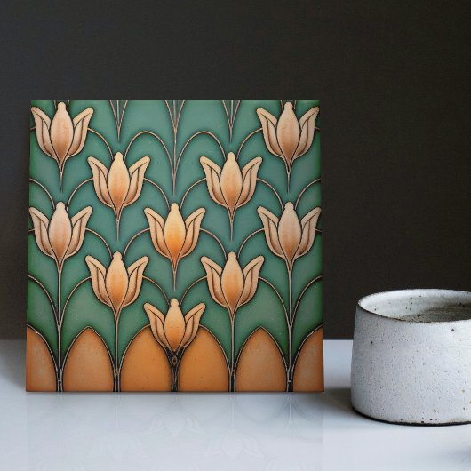 Symmetrisches Orange Tulips Wanddekor Art Deco Fliese