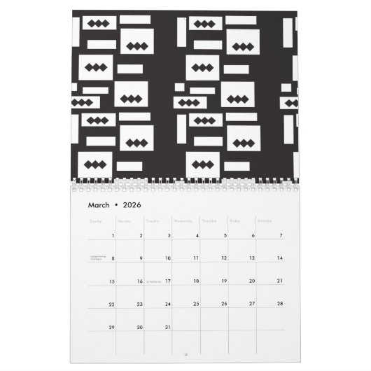 Symmetrisches, weißes geometrisches Design mit kna Kalender (Mär 2026)