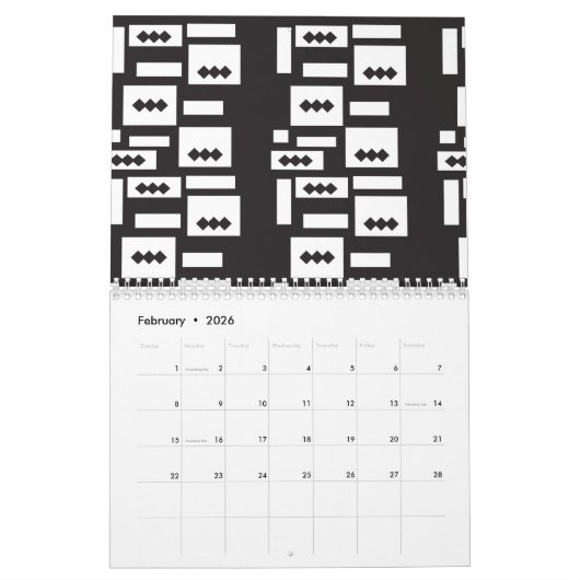 Symmetrisches, weißes geometrisches Design mit kna Kalender (Feb 2026)