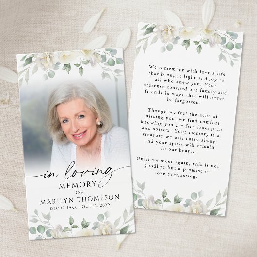 Sympathy Elegant Floral Cross Photo Prayer Card