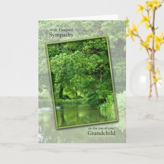 Sympathy loss of grandchild, tranquil river scene karte (Gelbe Blume)