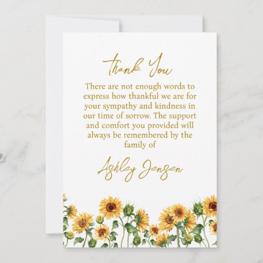 Sympathy Sunflower Funeral Thank You Card Dankeskarte (Rückseite)