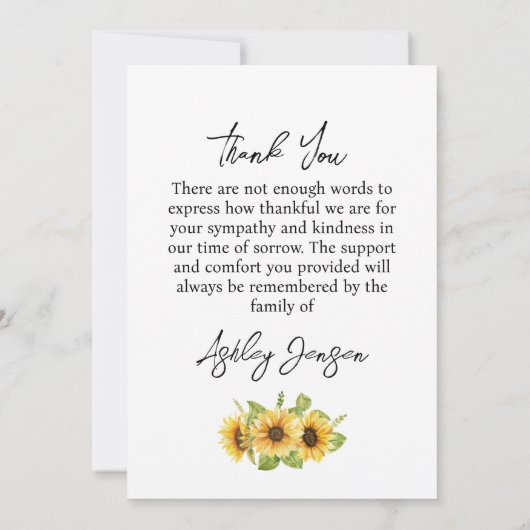 Sympathy Sunflower Funeral Thank You Card Dankeskarte (Rückseite)