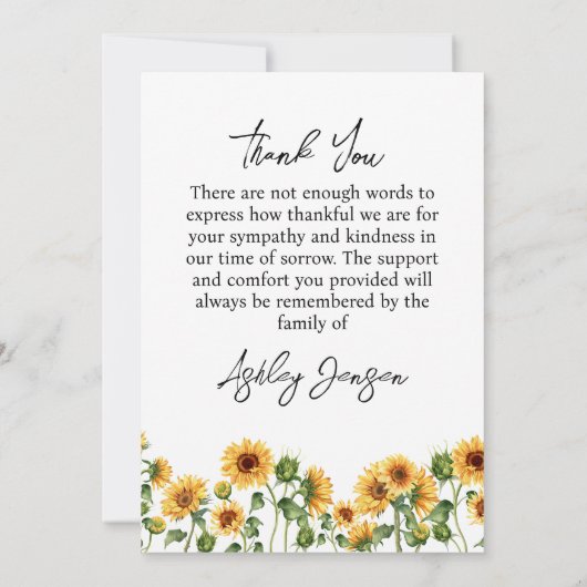 Sympathy Sunflower Funeral Thank You Card Dankeskarte (Rückseite)