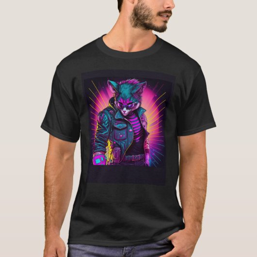 Synthwave Cat Retro 80er Vibe T-Shirt (Vorderseite)