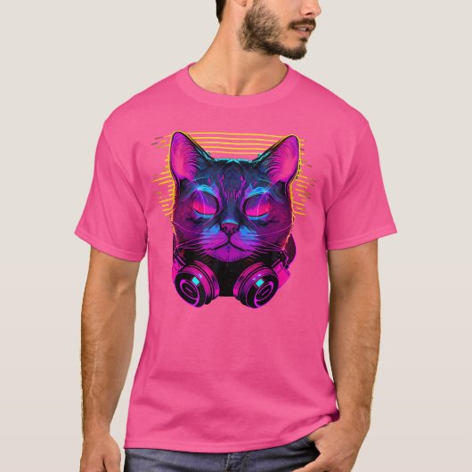 Synthwave Cyberdelic 80er Cat Dj Kopfhörer Cyber A T-Shirt (Vorderseite)