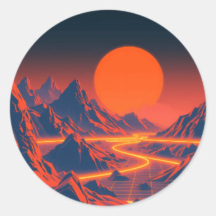 Synthwave Landschaft mit Neon Mountains Runder Aufkleber