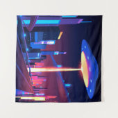 Synthwave Neon City: UFO Wandteppich (Vorderseite (Horizontal))