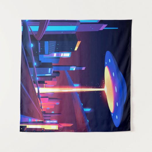 Synthwave Neon City: UFO Wandteppich (Vorderseite (Horizontal))