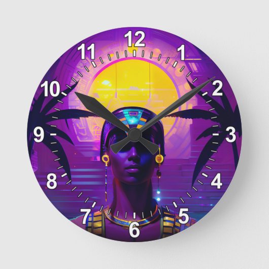 Synthwave Pharaoh Runde Wanduhr (Vorderseite)