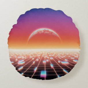 Synthwave-Retro-Futuristische Landschaft Rundes Kissen
