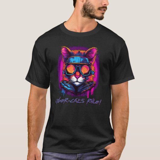 Synthwave-Schnurrhaare Cyber-Katzes Rad-Abenteuer T-Shirt (Vorderseite)
