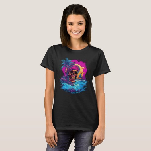 Synthwave Shipwreck Synth Inspiriert Pirate Skull T-Shirt (Vorne ganz)