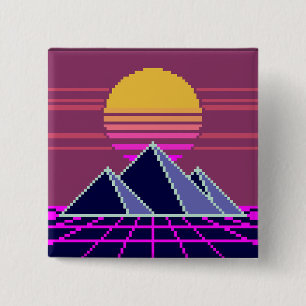 Synthwave-Sonnenuntergang über Pyramiden-Pixelart- Button