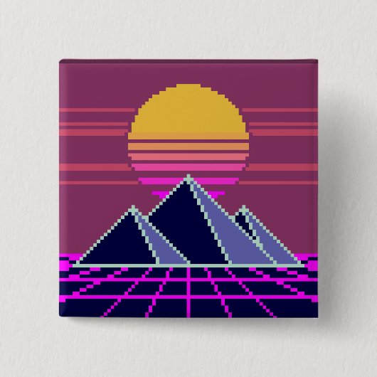 Synthwave-Sonnenuntergang über Pyramiden-Pixelart- Button (Vorderseite)