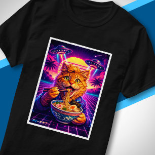 Synthwave-UFO-Katze isst Ramen Cyberpunk Sci-Fi T-Shirt