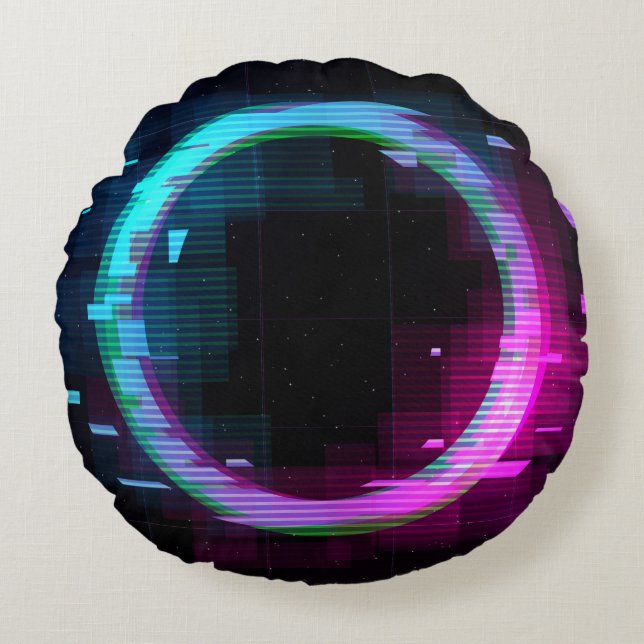 Synthwave Vaporwave Retrowave Glitch Circle with b Rundes Kissen (Vorderseite)