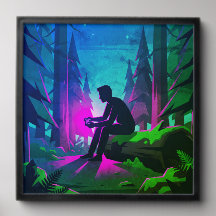 Synthwave-Videospieler in Wald-Silhouette