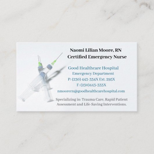 Syringes Hospital Healthcare Registered Nurse RN Visitenkarte (Vorderseite)