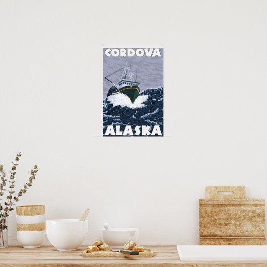 Szene der Fischerboote - Cordoba, Alaska Poster (Küche)