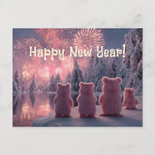 Szene einer rosa Bärenfamilie, die Feuerwerk beoba Feiertagspostkarte