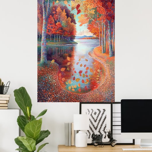 Szenenbild der Herbstflüsse im Pointillist-Stil Poster (Heimbüro)