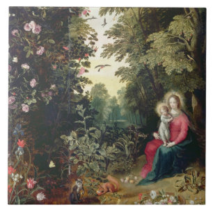 T32789 Madonna und das Kind in einer Landschaft Fliese