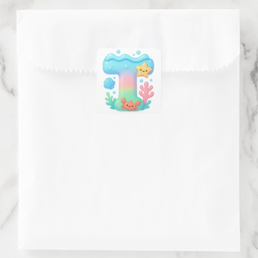 "T" Cute Letter - Underwater Sea Creature Quadratischer Aufkleber (Tasche)