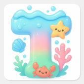 "T" Cute Letter - Underwater Sea Creature Quadratischer Aufkleber (Vorderseite)