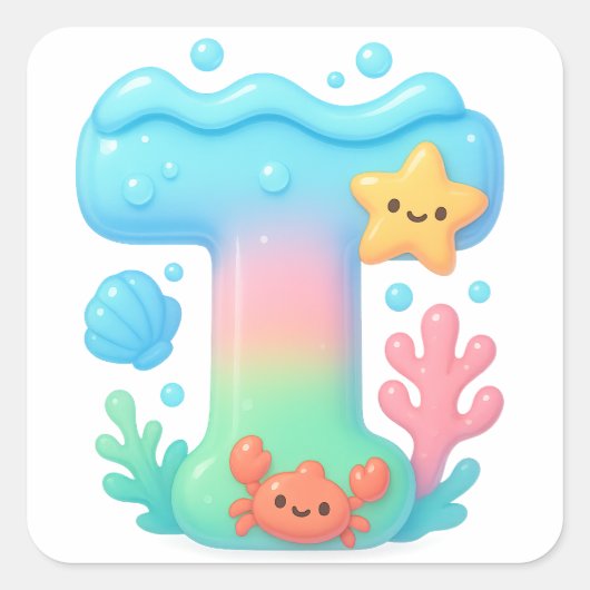 "T" Cute Letter - Underwater Sea Creature Quadratischer Aufkleber (Vorderseite)