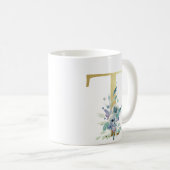 T Golden Initial mit blauem Blumenblättern Kaffeetasse (VorderseiteRechts)