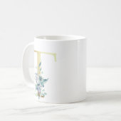 T Golden Initial mit blauem Blumenblättern Kaffeetasse (Vorderseite Links)