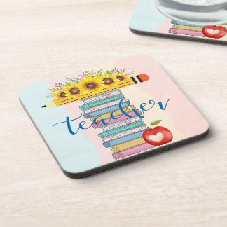 T ist für Lehrer Floral Bleistift Bücher Apple Getränkeuntersetzer