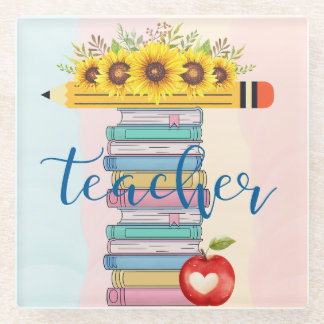 T ist für Lehrer Floral Bleistift Bücher Apple Glasuntersetzer