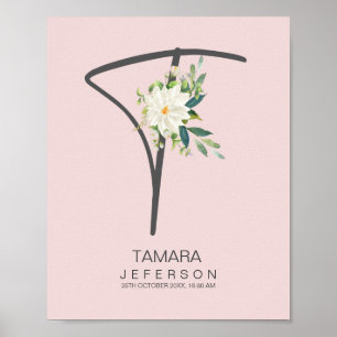 T Letter Monogram Blush Floral Decor Poster