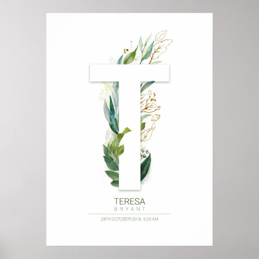 T Letter Monogram Gold Greenerage Foliage Chic Poster (Vorne)