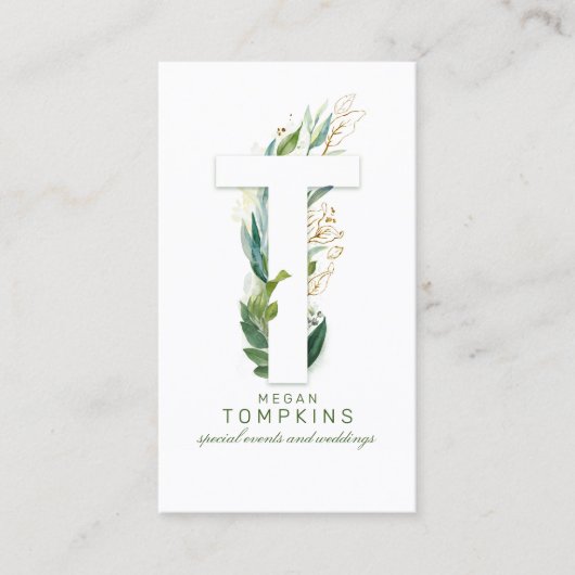T Letter Monogram Gold Greenerity Blätter Elegant Visitenkarte (Vorderseite)