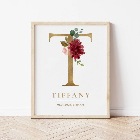 T Letter Monogram Name Marsala Floral Kinderzimmer Poster