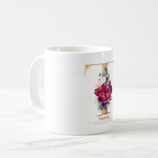 T Monogram Floral Burgund Red and Navy Blue Kaffeetasse (Vorderseite Links)