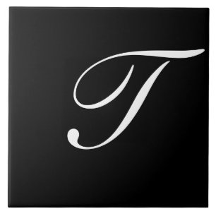 T Monogram Initial White auf Schwarz Fliese