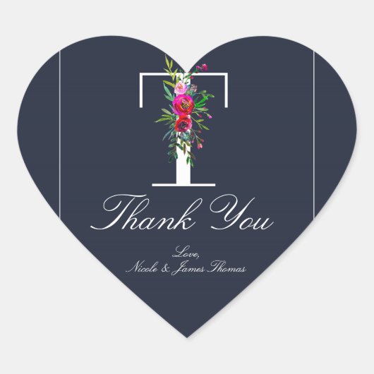 T Monogram letzte erste Hochzeit mit moderner Blau Herz-Aufkleber (Vorderseite)