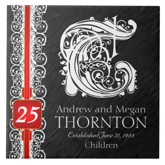 T Monogram "White Lace on Black" Anniversary Tile Fliese (Vorderseite)