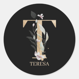T Monogramm Floral Personalisiert Runder Aufkleber