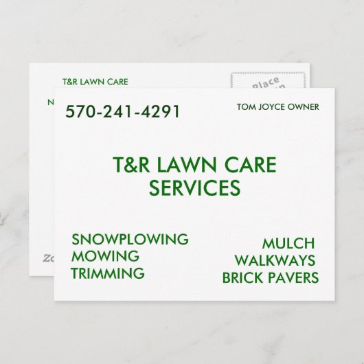 T&R LAWN CARE, SERVICES, SNOWPLOWING, MOWING, T... POSTKARTE (Vorne/Hinten)