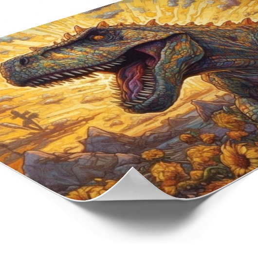 T-rex auf einem Sonnenblumenfeld Poster (Ecke)
